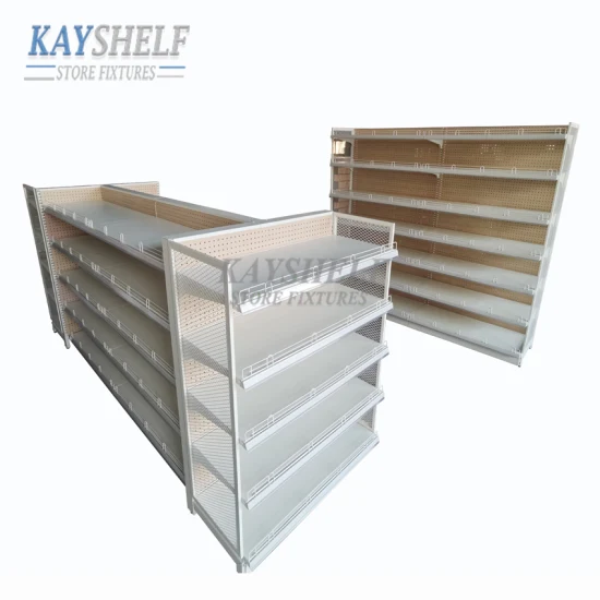 Superior Quality Retail Store Wooden Grain Perforated Panel Display Rack Grocery Shelf for Supermarket